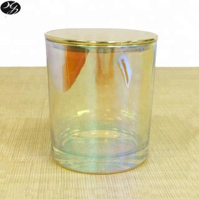 China Home Decoration 30cl Iridescent Finish Glass Candle Jars With Gold Metal Lids for sale