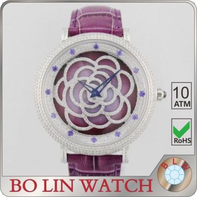 China Flower Dial Colored Leather Diamond Quartz Watch Japan Movt Super Luminova for sale