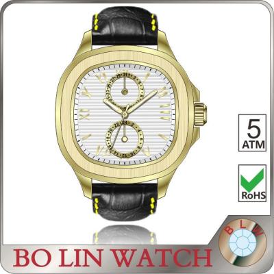 China Gold Case & Dial Black Leather Band Watches , Japanese Movt Mens Square Leather Watches for sale