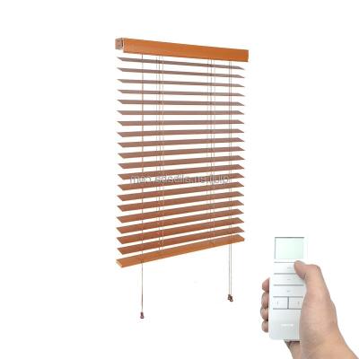 China Minimalist Faux Wood Blinds Wireless Shutters Shades Motorized Wifi Connection Google Alexa Compatible Electric Wooden Blinds for Windows for sale