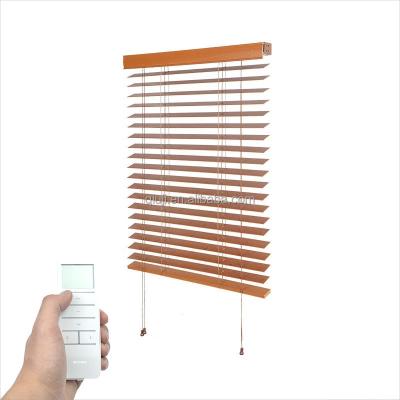 China Minimalist Faux Wood Blinds Wireless Shutters Shades Motorized Wifi Connection Google Alexa Compatible Electric Wooden Blinds for Windows for sale