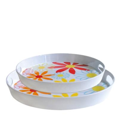 China Customized Viable Design Melamine Round Fruit Serving Tray Decoration With Handles for sale