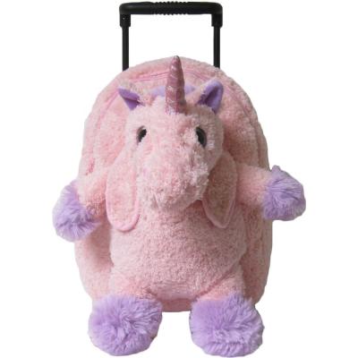 China Kreative cotton fabric kids adorable pink Unicorn Plush Rolling Backpack for sale