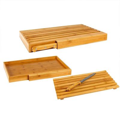 China Sustainable new fashion bamboo bread slice board with bread knife and crumb catcher for sale