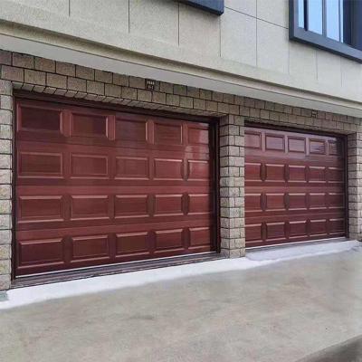 China Intelligent Electric Remote Control Motor Anti-theft Sectional Panel Roll Up Wood Grain Galvanized Steel Carport Garage Door for sale