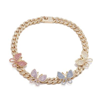 China Retro Female Trend Full Diamond Big Butterfly Buckle Necklace Punk Hip-hop Hiphop Cuban Necklace Micro-set for sale