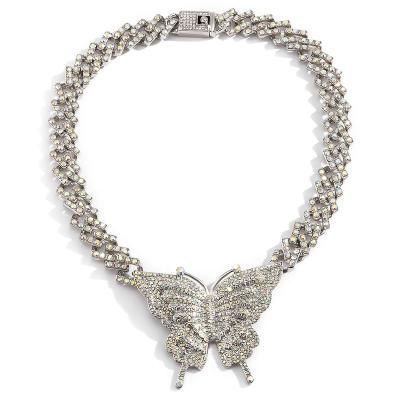 China Hip Hop Diamond Cuban Buckle Chain Necklace Full Exaggerated Diamond Large Butterfly Necklace Women's Punk Diamond Cuban Buckle Chain Necklace for sale