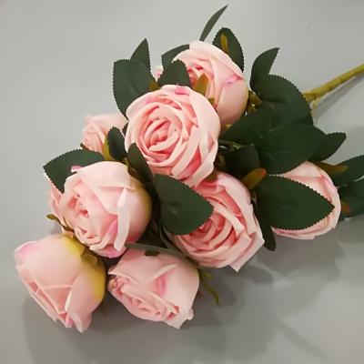 China Modern high quality 9heads rose flower silk rose flower bouquet for wedding event decoration for sale