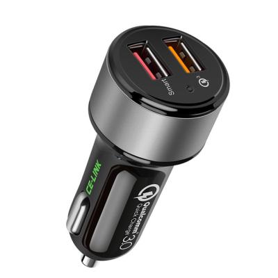 China New Screen Display QC3.0 Car Charger Dual Port Qualcomm 12-24V Aluminum Alloy Mobile Phone Tablet Car Charger for sale