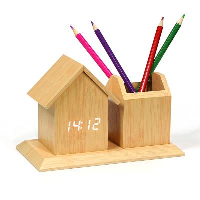 China Class KH-WC076 Custom Wholesale Multifunctional Desk Wooden Clock LED Digital Pen Holder Office Electronic Table for Promotion for sale