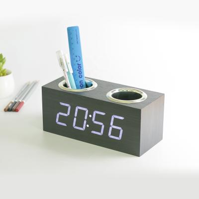 China KH-WC011 Wooden Calendars Temperature LED Digital Display Alarm Pen Holder Jumbo Clock With Storage for sale