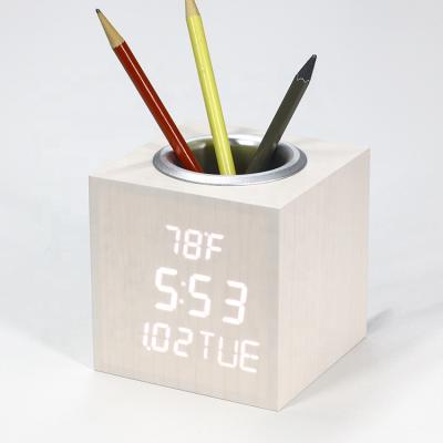 China Calendars KH-WC012 Voice Control LED Digital Calendar Desktop Wooden Temperature Pen Holder Alarm Clock for sale