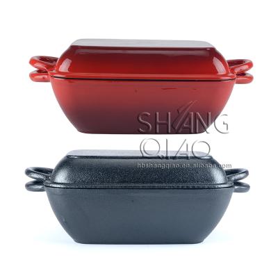 China Sustainable Heavy Duty Enameled Cast Iron Cookware Pot 2 In 1 Dutch Enameled Rectangular Casserole Oven Set for sale