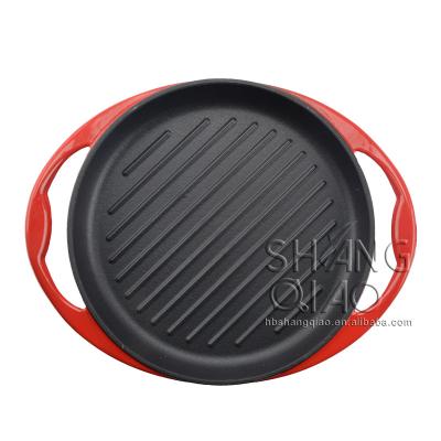 China SQ255G Round Enameled Cast Iron Grill Pan Scarlet Red 10 Inch Round Heavy Duty Enameled Cast Iron Grill Pan With Double Loop Handles for sale