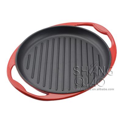 China SQ255G 10 Inch Enamel Cast Iron Griddle Pan Enamel Cast Iron Round Pure Double Handle Pan Griddle Grill Pan for sale