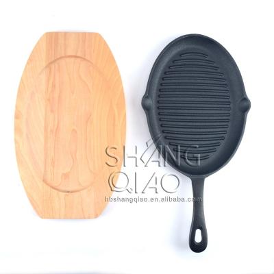 China Wholesale Steak Pan With Wooden Base Factory Cast Iron Serving Sizzler Viable Dish Wholesale Dish for sale