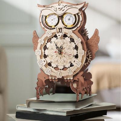 China DIY TOY Exploring Wisdom OEM ODM Mechanical Building Set 3D Owl Clock Wooden Puzzle with Thermometer for sale