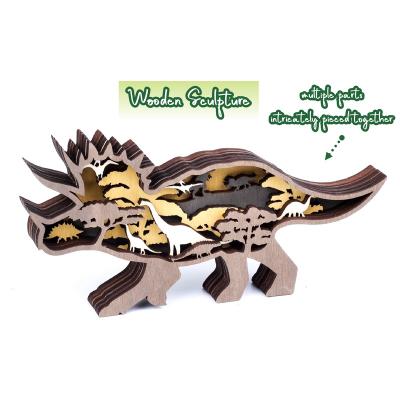 China Home Decor Exploring Wisdom Made With Various Silhouette Triceratops Animal Carving Wooden Shelf Decoration for sale