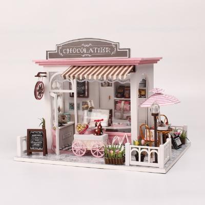 China Cartoon Toy Exploring Wisdom Manufacturer Chocolate DIY Store Wooden Dollhouse Miniature Kit with LED Lights for sale