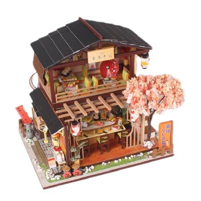 China Cartoon Toy Exploring Wisdom Manufacturer Sushi Restaurant Pretend Play Wooden Dollhouse Miniature With Furniture for sale