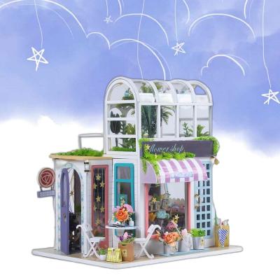 China Toy Craft Exploring Wisdom Manufacturer DIY Cartoon Toy Miniature Wooden Dollhouse Flower Shop With Model Furniture Kit for sale