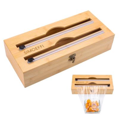 China Reusable Kitchen Kitchen Drawer 2 Slots Bamboo Cling Wrap and Waxed Aluminum Foil Parchment Paper Paper Dispensers Organizer with Cutter for sale