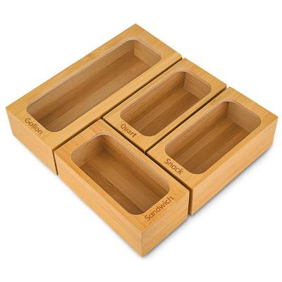 China Desktop 4 Pieces of Drawer Bamboo Ziplock Organizer Kitchen Dispenser Storage Bag for Quart Sandwich Snack for sale