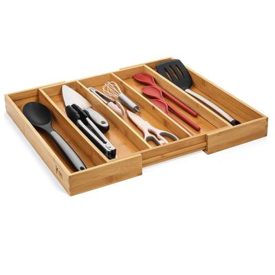 China Natural Premium Bamboo Expanding Kitchen 3-5 Slots Flatware Silverware Cutlery Drawer Organizer for sale