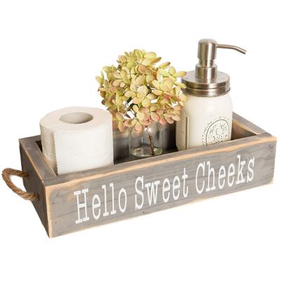 China Desk 2 Side Funny Sayings Wooden Toilet Paper Storage Rack for sale