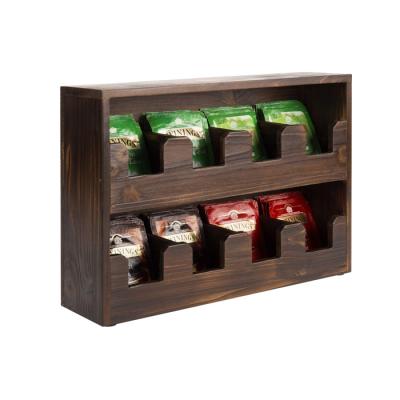 China Handmade Rustic Burnt Wooden Box 8 Compartment Tea Bag Holder Tabletop Dispenser for sale