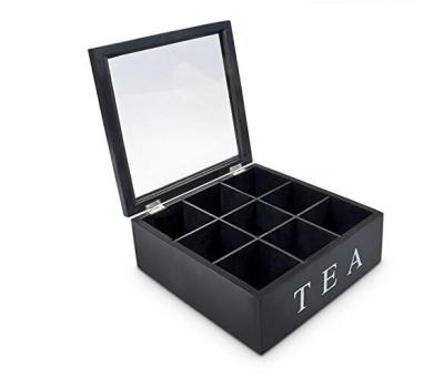 China Handmade Custom Tea Bag Organizer Storage Black Wooden Tea Bag Packaging Box With Clear Window Lid for sale