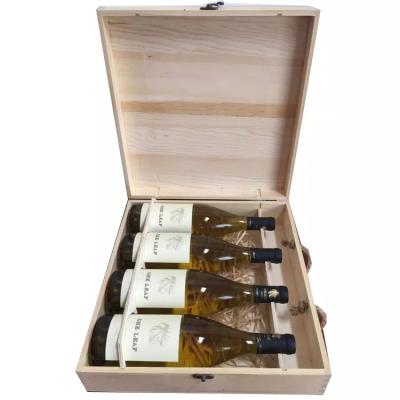 China Handmade Custom Natural Pine Wood Wine Box Unfinished Wooden 4 Pack Wine Bottle Gift Box With Rope Handle for sale