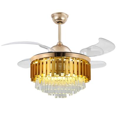 China Modern Luxury Crystal and Gold Nickel Invisible Ceiling Fan Light with Remote Control 3 Color Change LED Chandelier Fan Light for sale