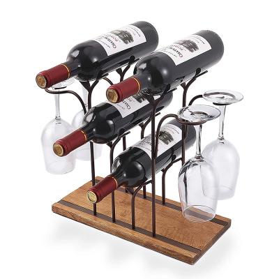 China Sustainable Worktop Metal Wine Rack Rack With Bottom Base Wooden Wine Glass Storage Rack for sale