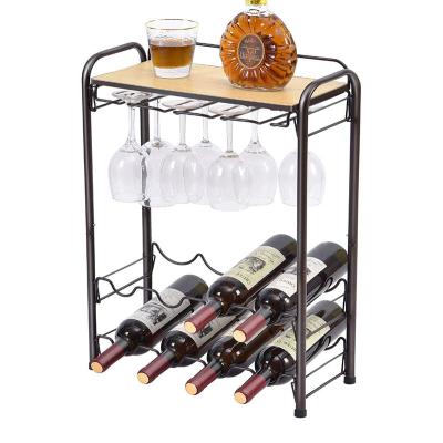 China 4 Tier 8 Bottle Wine Display Organizer Rack Metal Wine Sustainable Storage Shelf With Glass Holder for sale