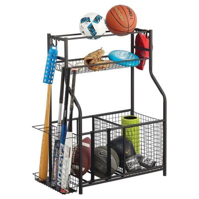 China Durable Metal Sports Storage Rack Viable With Yoga Mat Baseball Bat Organizer Top Shelf Basketball Rack for sale