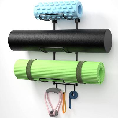 China Sustainable 3-Tier Wall Mount Yoga Mat Holder With Three Hooks Black Metal Yoga Mat Rack For Household for sale