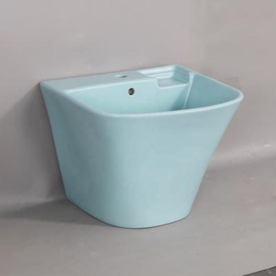 China Ceramic Modern Sanitary Ware With Soap Dish Square Wall Hung Washbasin Bathroom Color Sink Blue Color for sale