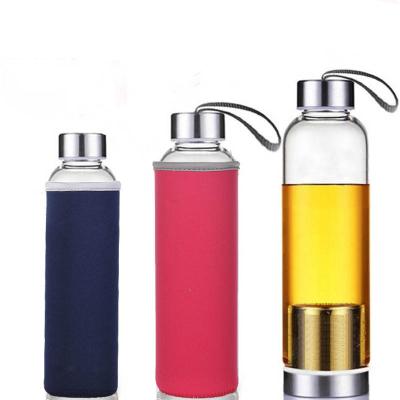 China Amazon Sell Borosilicate Glass Hot Sustainable Tumbler 420ml 550ml Glass Water Bottle With Stainless Steel Lid for sale