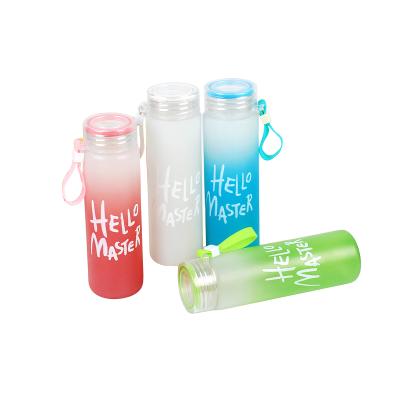 China Sustainable Colored Letter Glass Water Bottle With Cloth Cover Frosted Portable Bottle Glass for sale