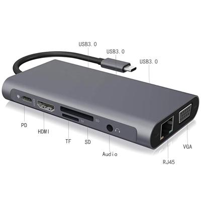 China Usb Hub Docking Station Type C Adapter Usb 3.0 VGA 4K RJ45 10 In1 Converter 26.5x6.2x1.8cm for sale