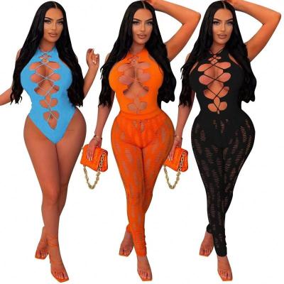 China Anti-pilling Summer 2023 Trending Bodysuit Sexy Tights Pants Sets for Women Hollow out Playsuit Two Pieces Pants Women Clothing for sale