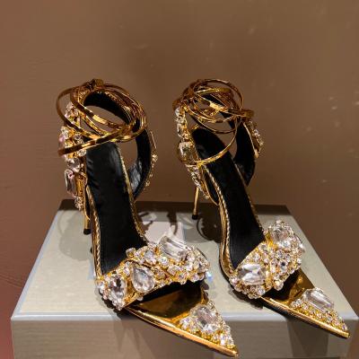 China Pure Toe hand-stitched diamond steel luxury gold strap headed stiletto high-heeled high-heeled sandals 105 millimeters full of hot diamonds CIA for sale