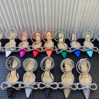 China Women Breathable Crystal High Heels Sandals Bow Ankle Strap Ladies Shoes Female Pumps 2022 Fashion Sexy Slim Summer Shoes Heel for sale