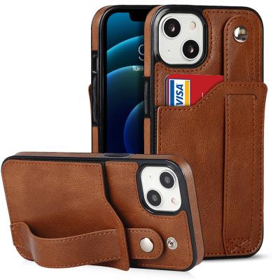 China Anti-drop RFID Blocking Phone Case For iPhone 13 Case Wallet Card Slots Wrist Band Leather Protective Case for sale