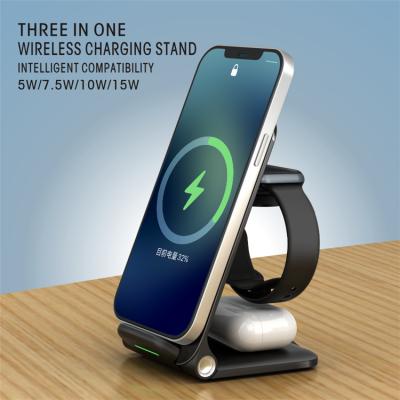 China Smart Watch for iPhone 13 Foldable Wireless Charger Stand 3 in 1 15W Fast Wireless Charger Charging Stand for sale