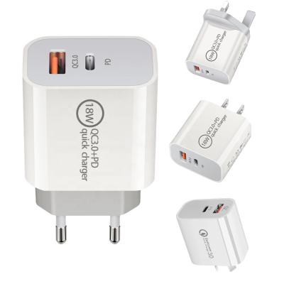 China Dual Cell Phone 18W PD Type-C Fast Charging QC 3.0 USB C USB Charger Fast Charger For iPhone 12 For Samsung USA UK EU AU Plug Adapter for sale