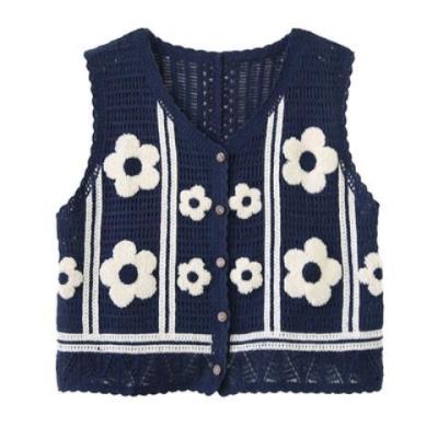 China Breathable Women Spring V-Neck Floral Hollow Vest Autumn Cute Girl Crochet Sweater Vest Lady Knitted Tank Tops Embroidery Vest for sale