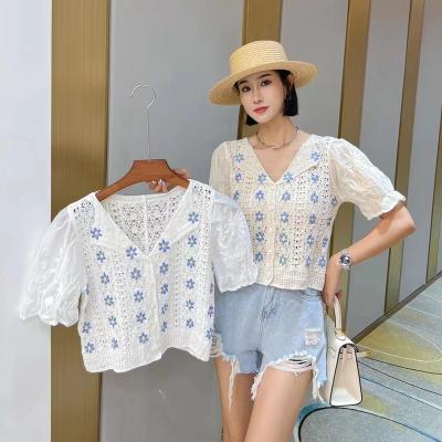 China Women Summer Breathable Knitted Polo Shirt Fashion Lady Short Sleeve Hollow Out Lapel Shirt Breathable Embroidery Cardigan Floral Polo Shirt for sale