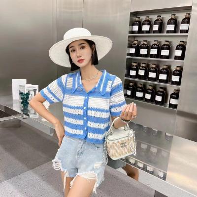 China Women Summer Breathable Knitted Polo Shirt Fashion Lady Short Sleeve Hollow Out Lapel Shirt Embroidery Stripe Cardigan Breathable Polo Shirt for sale